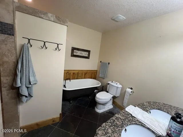Bathroom featuring a freestanding clawfoot tub, dark stone tile flooring, a dual vanity with a speckled countertop, and wood paneling