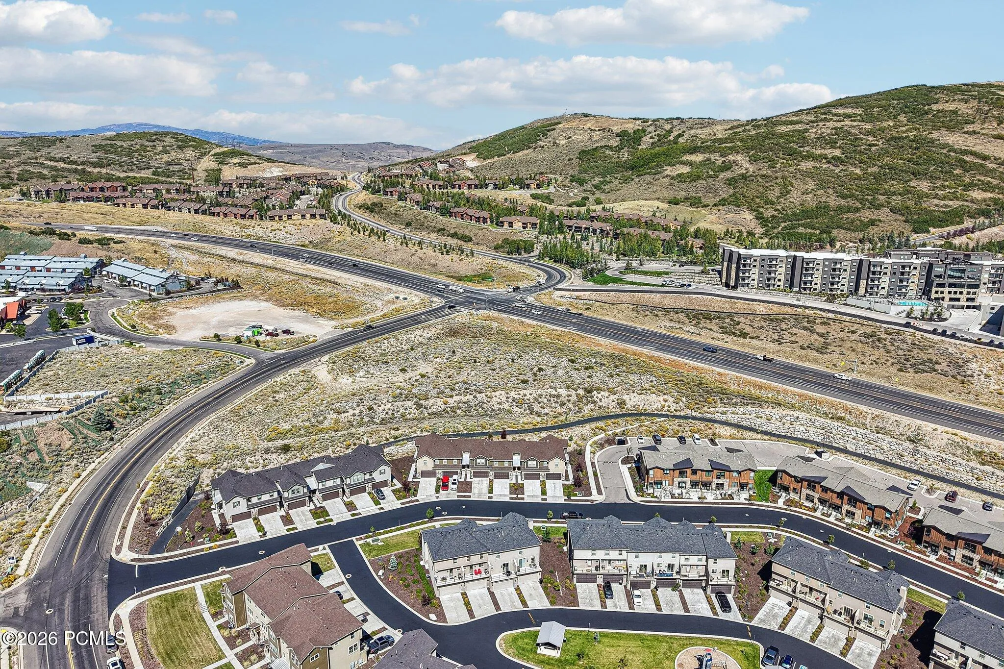 Aerial over the Jordanelle corridor with Highway 40 access.