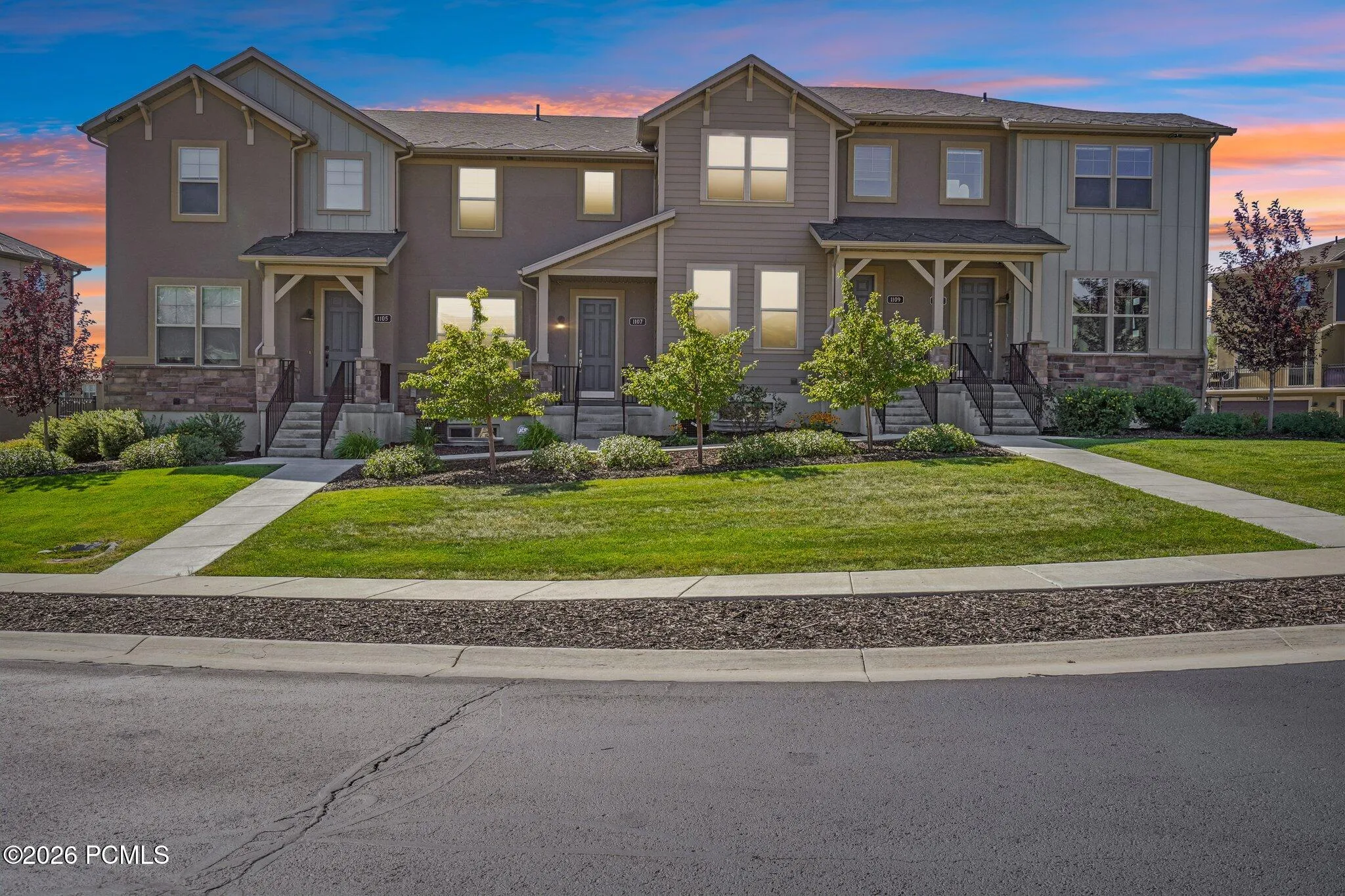 Front exterior at twilight.