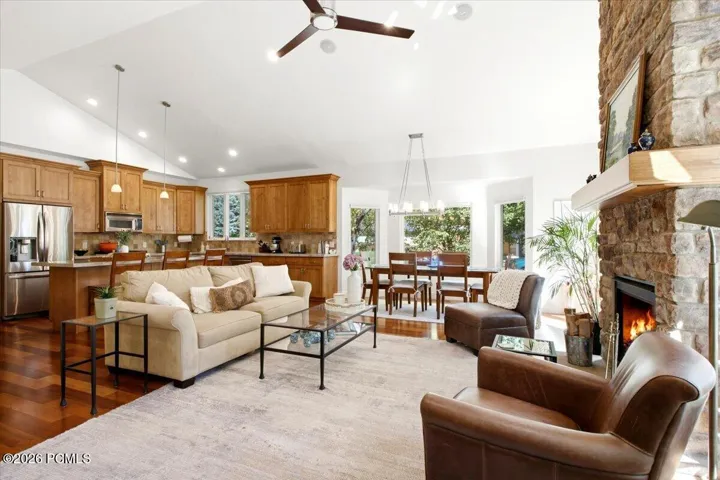 Living area featuring a spacious kitchen and dining space