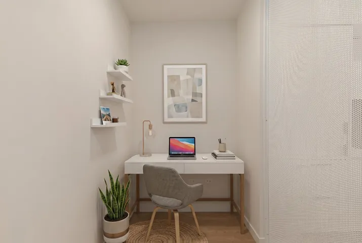 Dedicated workspace with wood-finish flooring
