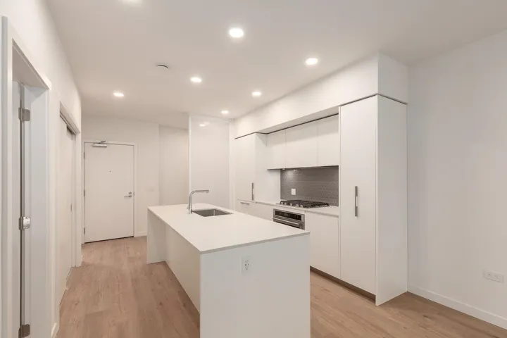 Modern kitchen featuring an expansive island with an undermount sink and gooseneck faucet