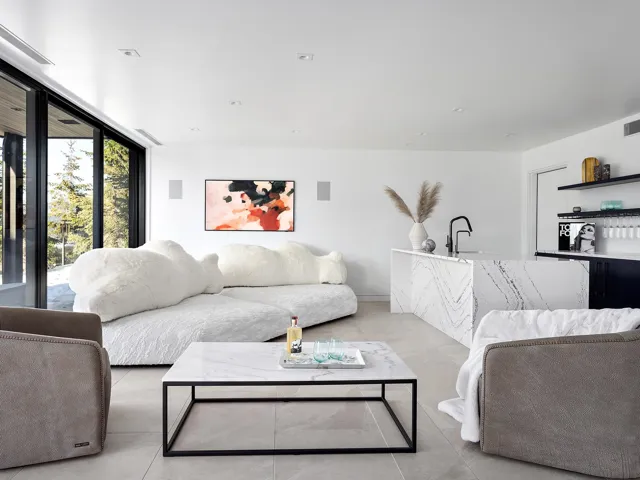 Living room with light tile patterned floors