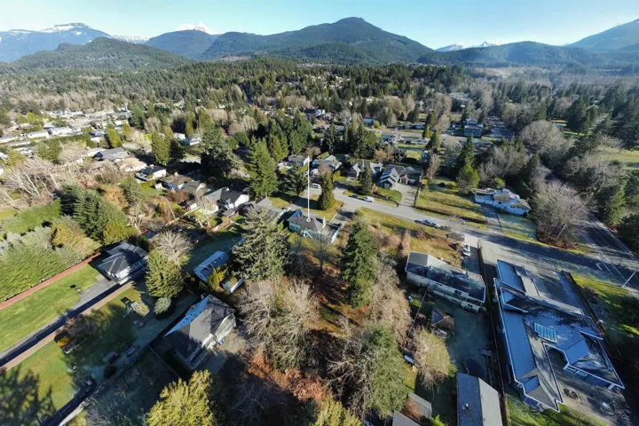 Aerial view of property's location with a mountain backdrop and nearby suburban area