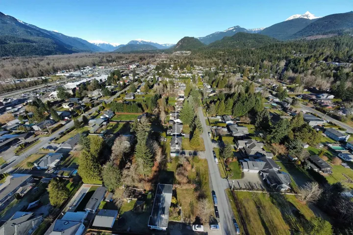 Aerial perspective of suburban area with a mountain backdrop