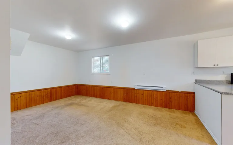 Unfurnished room featuring a baseboard radiator, light colored carpet, wainscoting, and wood walls