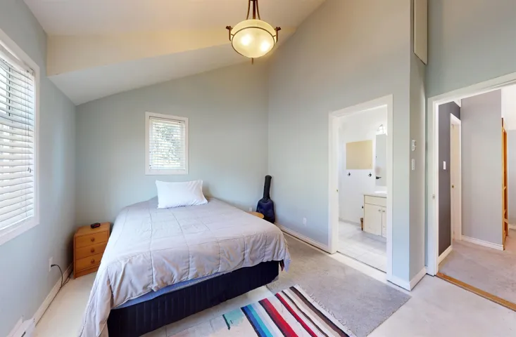 Bedroom with a baseboard radiator, ensuite bathroom, light carpet, and vaulted ceiling