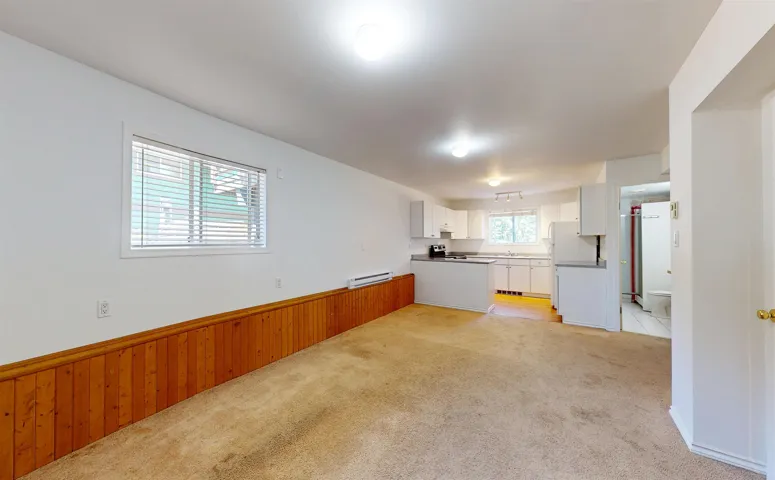 Kitchen featuring light carpet, white cabinetry, baseboard heating, a wainscoted wall, and wooden walls