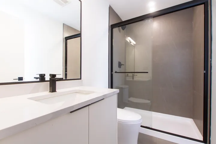 Bathroom featuring toilet, a stall shower, and vanity