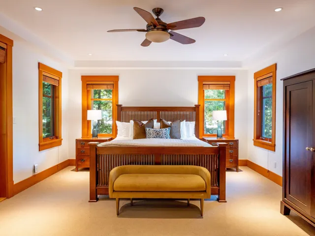 Bedroom featuring recessed lighting, light carpet, and ceiling fan