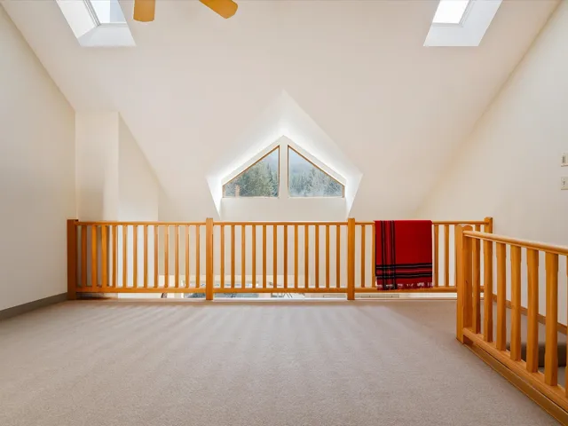 Additional living space featuring vaulted ceiling with skylight, ceiling fan, and carpet
