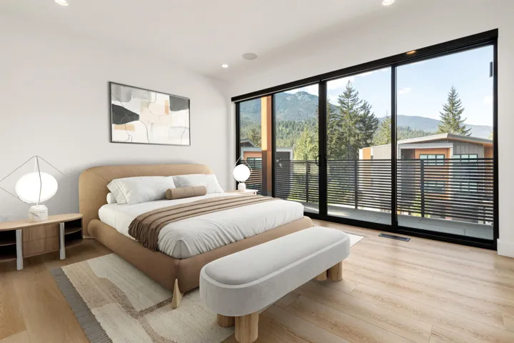 Bedroom featuring a mountain view, light wood finished floors, recessed lighting, and access to exterior