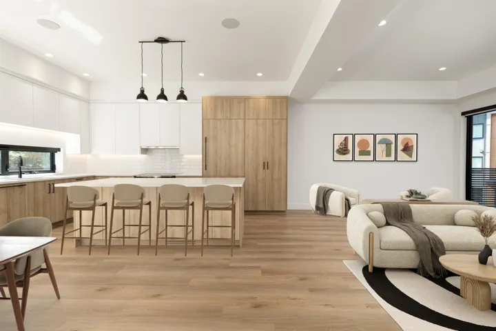 Dining room with light wood-style floors and recessed lighting