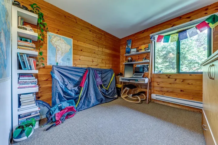 Recreation room featuring baseboard heating, wooden walls, and carpet floors