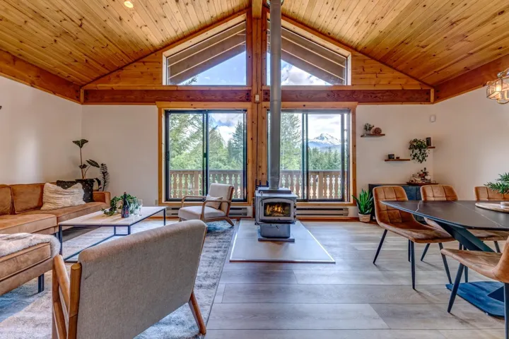Living room featuring a wood stove, lofted ceiling, hardwood / wood-style floors, wood ceiling, and a baseboard radiator