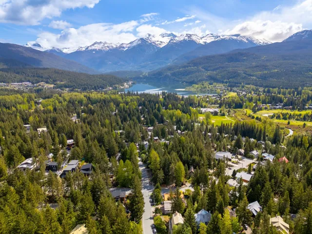 Drone / aerial view of a heavily wooded area and a water and mountain view