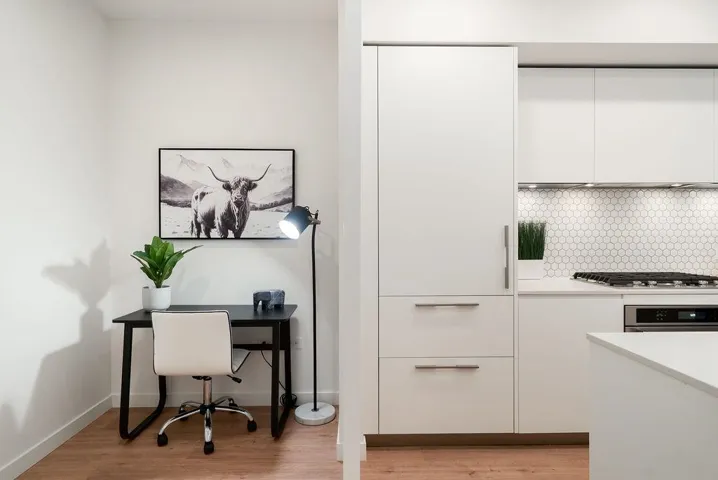 Kitchen featuring modern cabinets, white cabinets, light wood finished floors, and stainless steel appliances