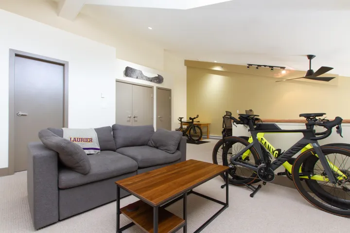 Carpeted living area featuring recessed lighting and rail lighting