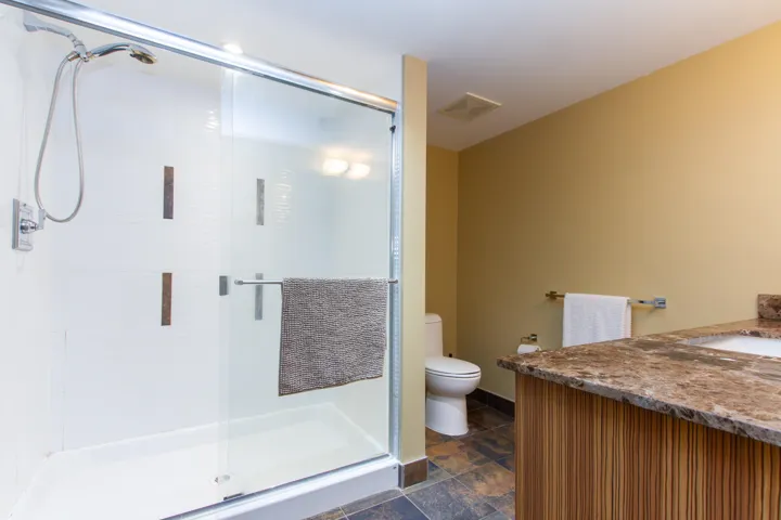 Full bath featuring toilet, a stall shower, and vanity