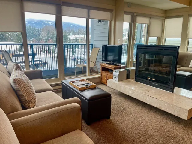 Living area featuring plenty of natural light, carpet flooring, a glass covered fireplace, and baseboard heating