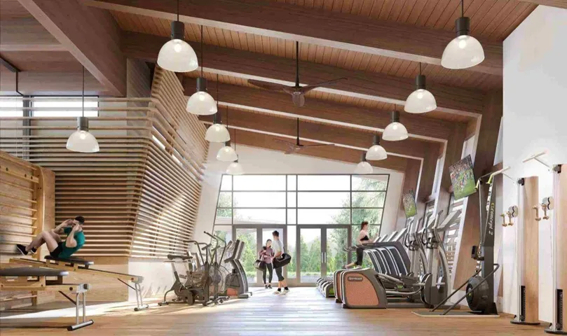 Gym with a wooden ceiling with exposed beams, a ceiling fan, and high vaulted ceiling