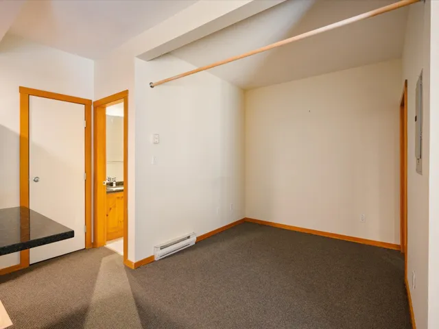 Unfurnished bedroom with carpet floors and baseboard heating
