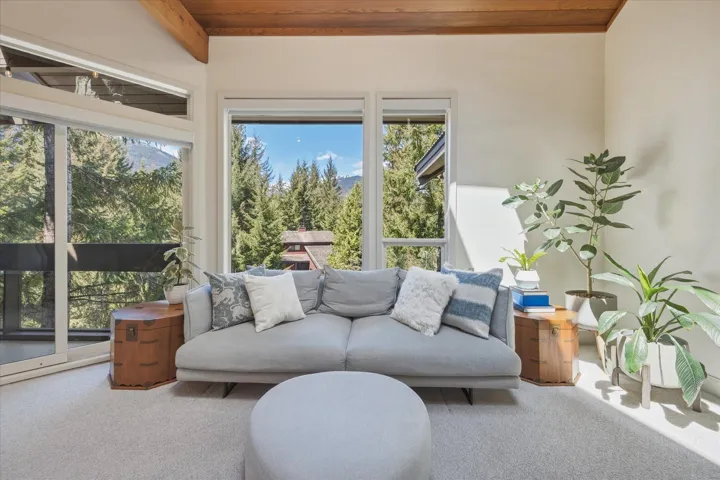 Expansive window wall overlooking mountainous terrain and mature evergreen trees