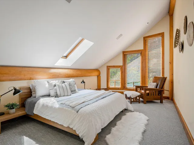 Carpeted bedroom featuring lofted ceiling and a skylight