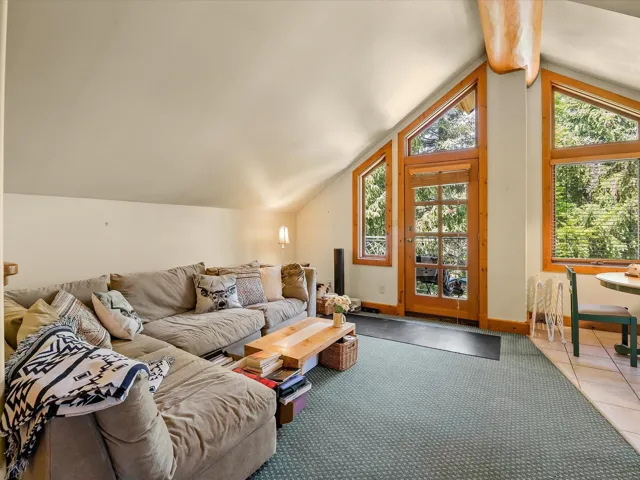 Carpeted living area with lofted ceiling and tile patterned flooring