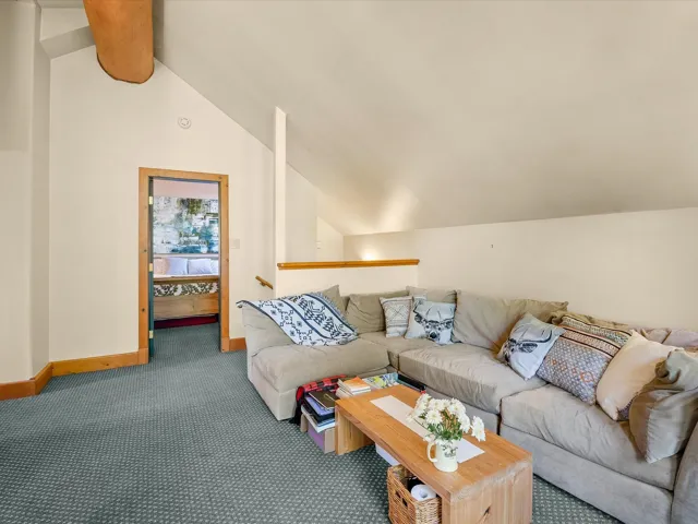 Living room with carpet floors and lofted ceiling