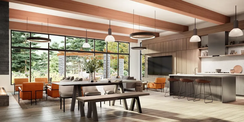Lobby with beam ceiling, wood walls, and a wall of windows