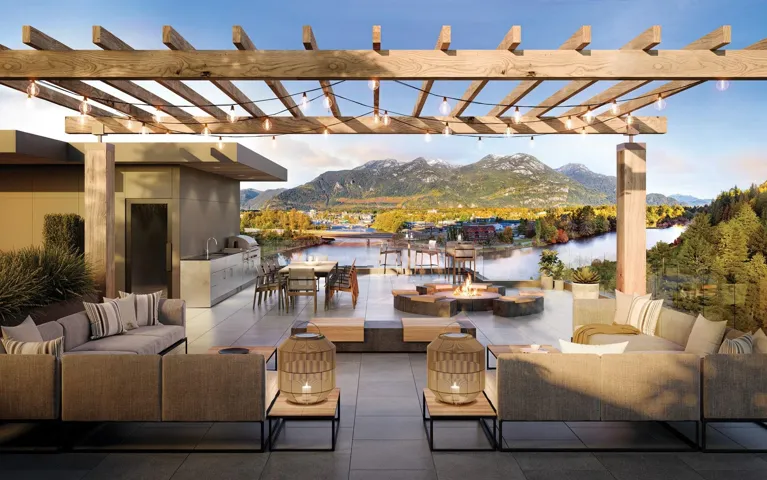 View of patio / terrace with an outdoor living space with a fire pit, a water and mountain view, and a pergola