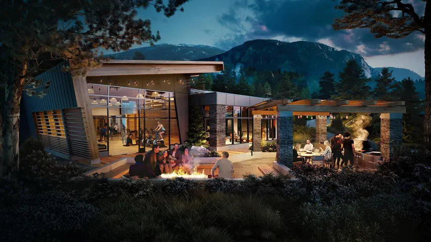 Rear view of property with a mountain view, an outdoor fire pit, stone siding, and a pergola