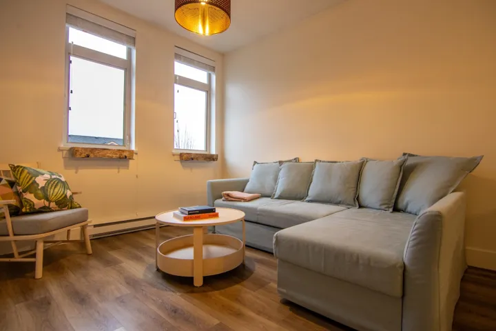 Living room featuring wood finished floors and a baseboard heating unit