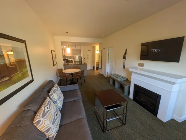 Carpeted living area with a fireplace