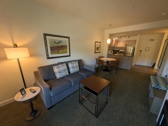 Living area with track lighting and dark colored carpet