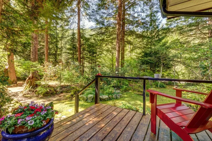 Exterior wood deck with black metal railing overlooking a natural landscape with mature trees and ground cover