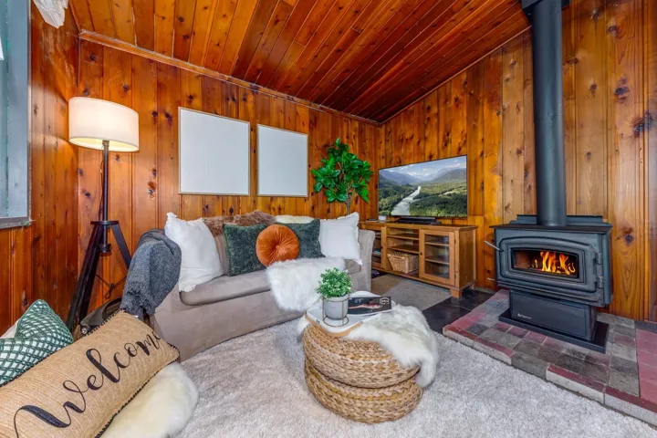 Interior space featuring wood paneling on walls and ceiling, a black wood-burning stove with a brick and stone hearth, wood-finish flooring, and a light-toned area rug