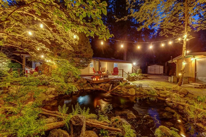 Terraced backyard featuring a natural rock pond, string lighting, and mature trees