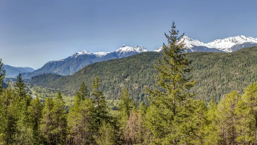 Expansive mountain landscape featuring snow-capped peaks and evergreen forests
