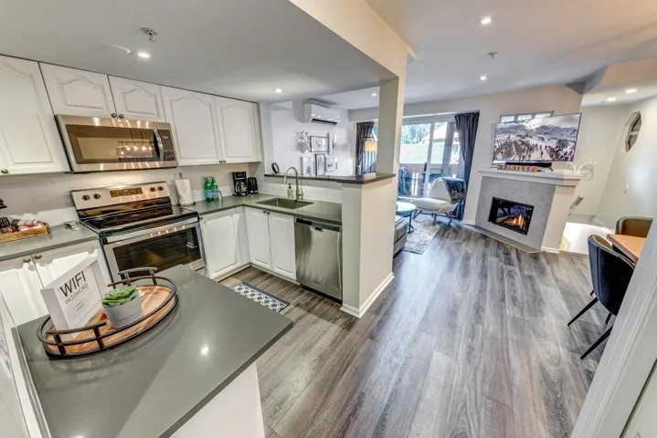 Kitchen with stainless steel appliances, dark countertops, a glass covered fireplace, an AC wall unit, and a sink