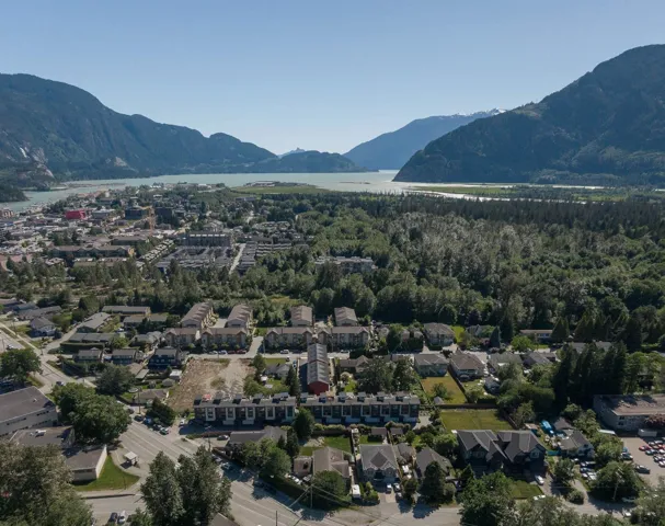 Aerial perspective showcasing a community with diverse residential architecture and verdant tree coverage