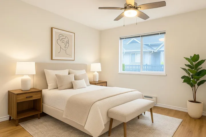 Bedroom featuring light wood-style flooring and a ceiling fan