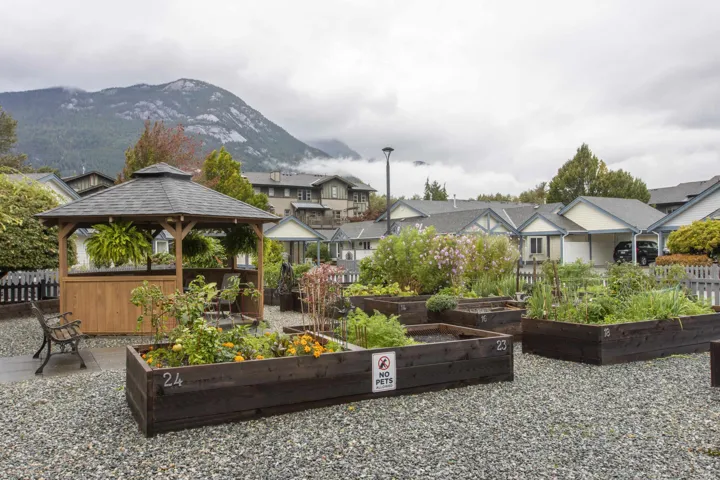View of community featuring a gazebo, a residential view, a mountain view, and a vegetable garden