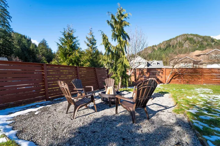 Fenced backyard featuring a mountain view and an outdoor fire pit