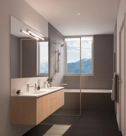 Full bath featuring tiled tub, double vanity, tiled shower, and recessed lighting