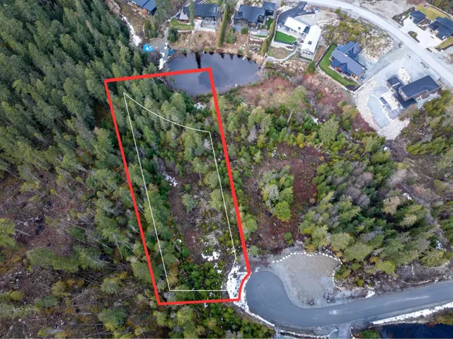 Aerial view of property and surrounding area featuring property boundaries highlighted and a large body of water