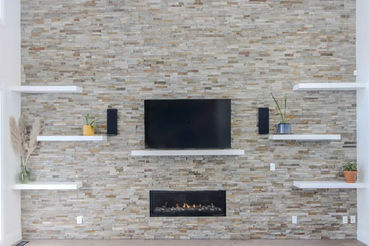 Detailed view of a warm lit fireplace