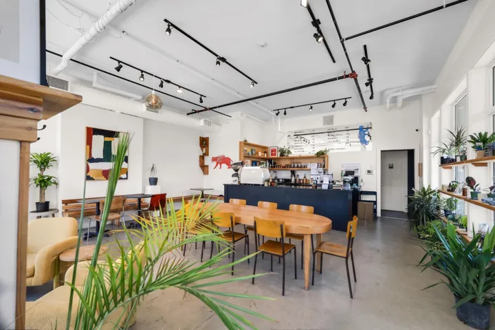 Open concept commercial space featuring high ceilings, track lighting, a service counter, and large windows