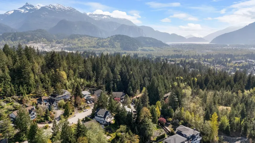 Lush, wooded landscape featuring residential properties set against a backdrop of snow-capped mountains and a distant body of water